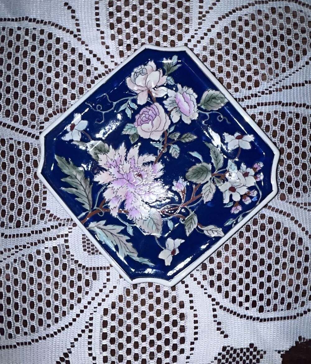 Vintage Macau Porcelain Square Decorative Floral Trinket Dish Blue Pink Flowers